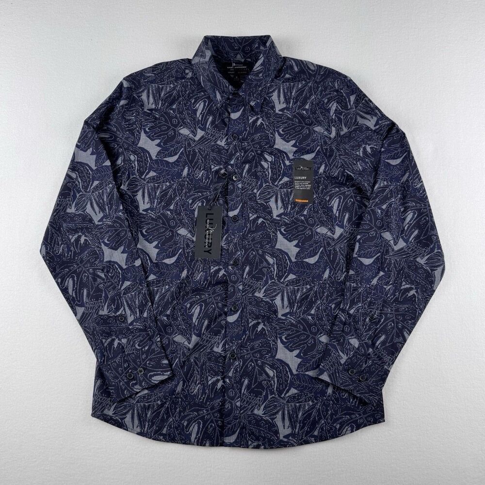 Marc Anthony Luxury Slim Fit Mens Button Up Long Sleeve Tropical Blue Gray Small